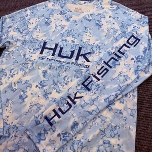 Huk Performance Fishing Shirt Mens Small Blue White Water Print Long Sleeve NWOT